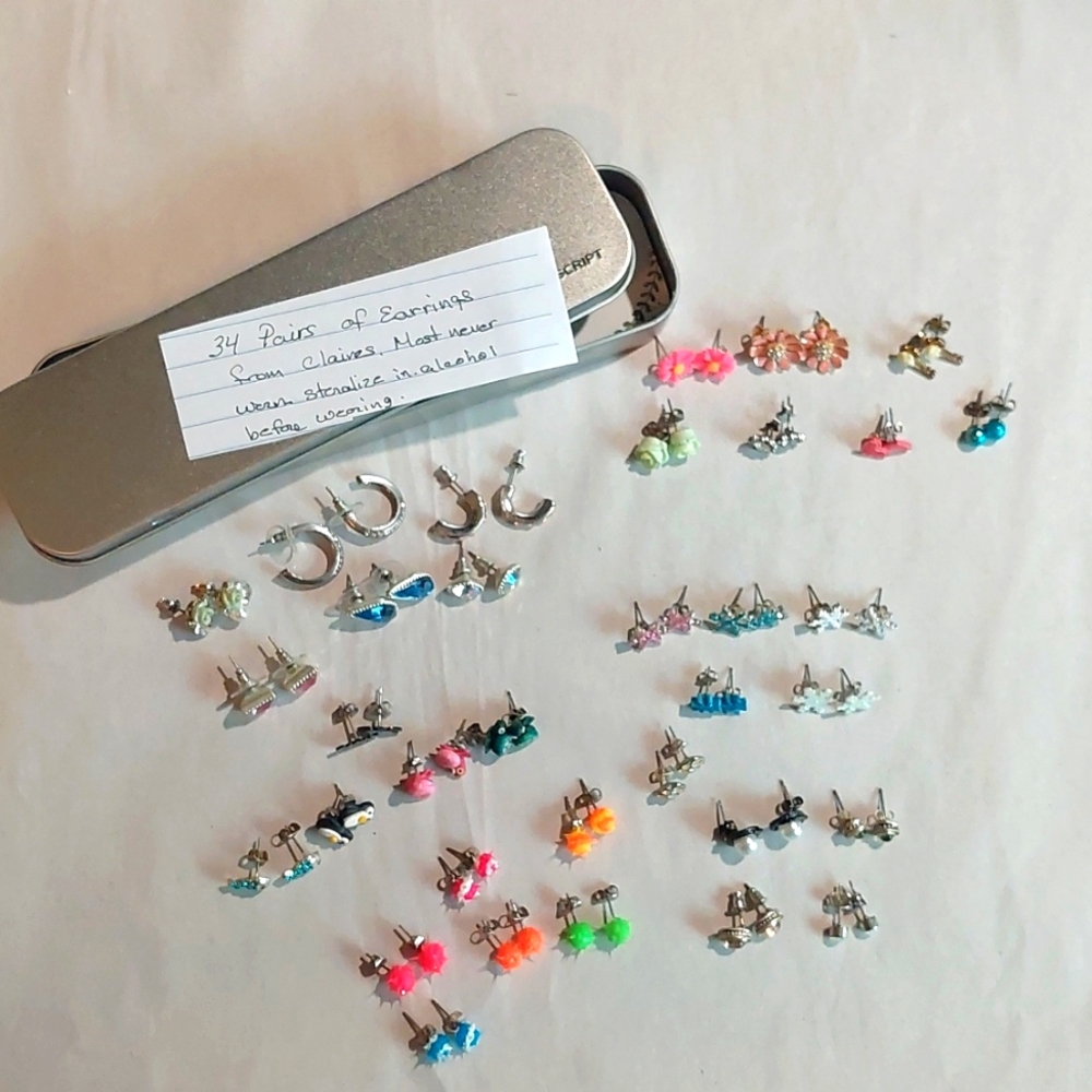 Claire's earrings for pierced ears and sensitive skin. Most never worn.